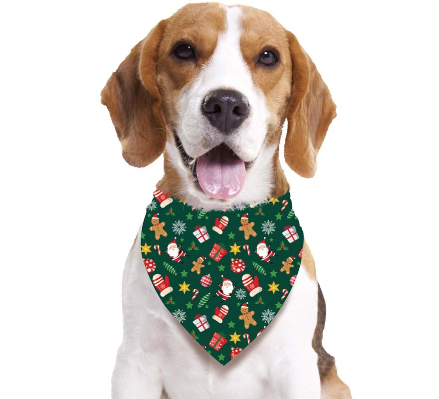 Green printed Christmas scarf for dogs measuring 69x35 cm