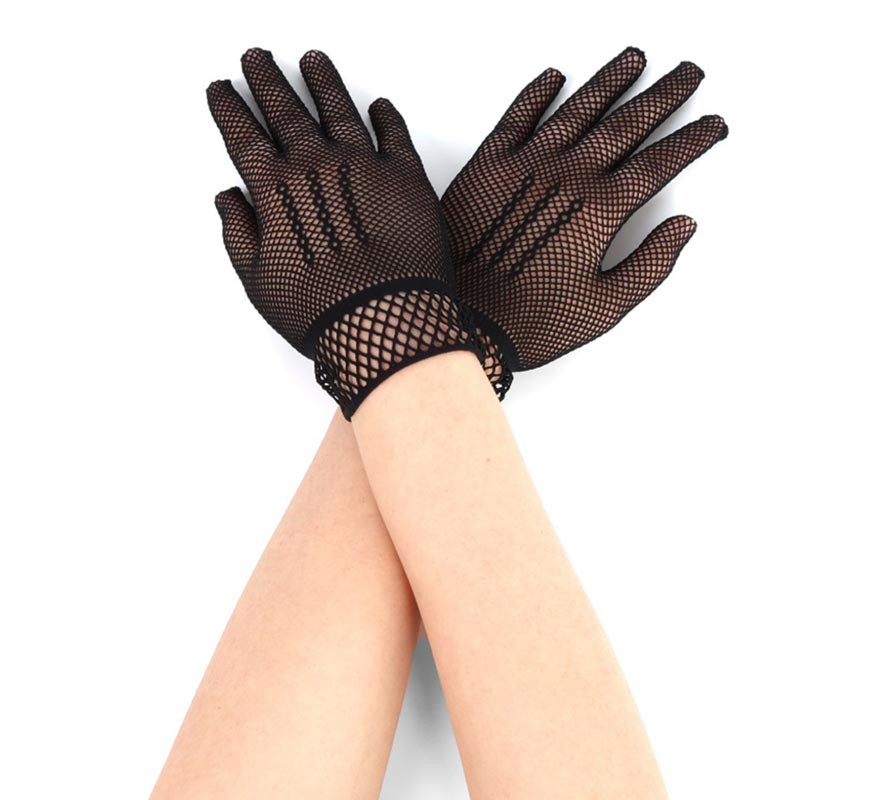 Pair of short black fine fishnet gloves for adults