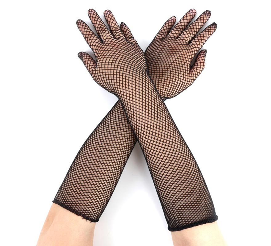 Pair of long black fine fishnet gloves for adults