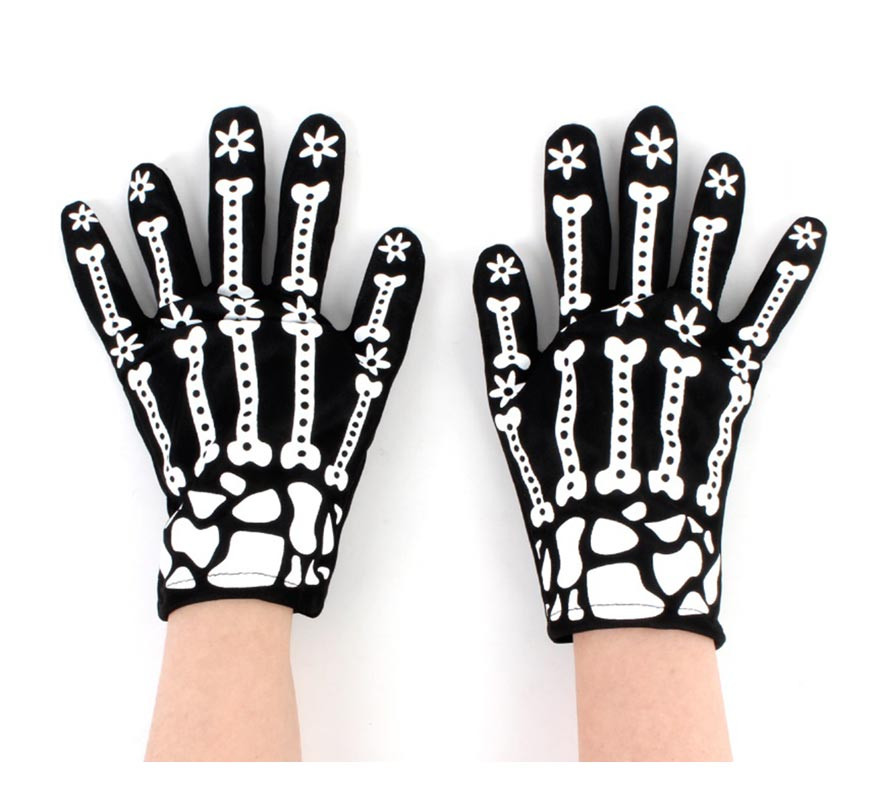 Pair of Adult Skeleton Gloves with Flowers