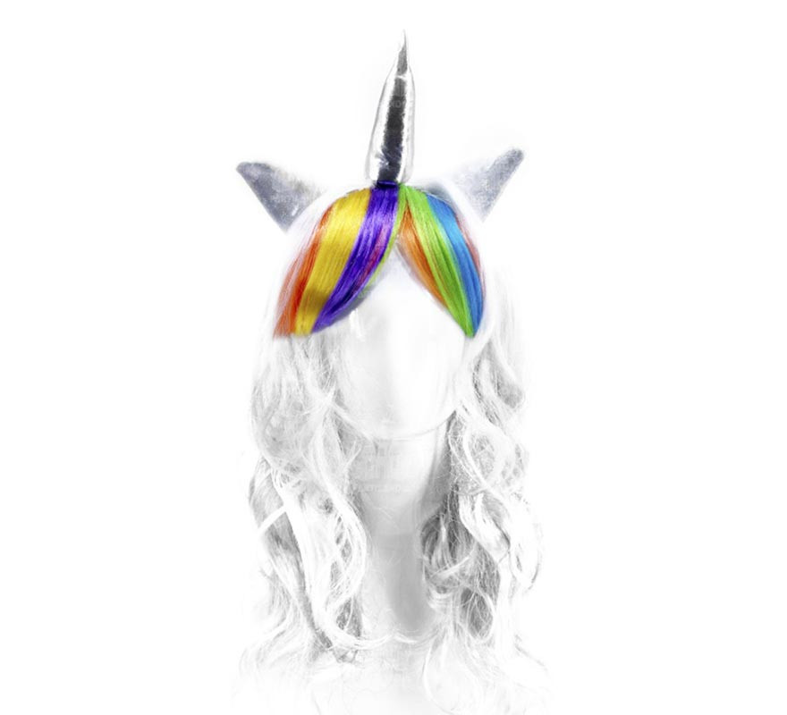Peruca Unicórnio branca e multicolor com chifre