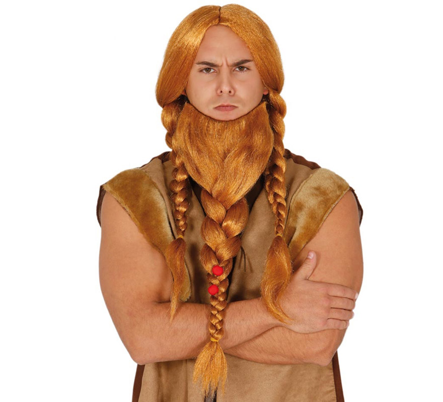 Peluca de Vikingo con trenzas y barba pelirroja