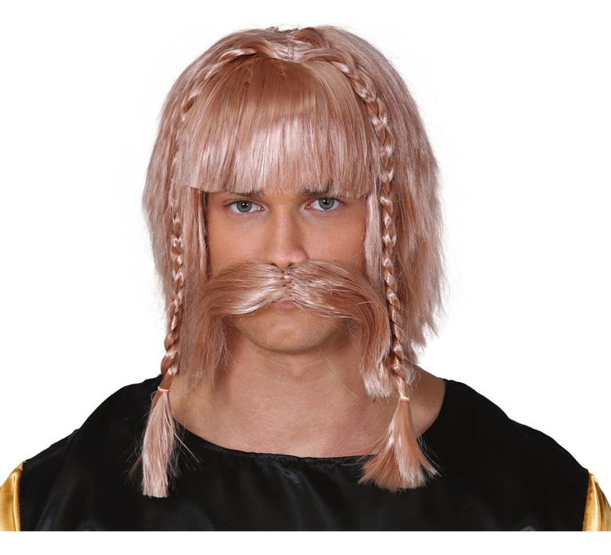 Peluca vikingo rizada con bigote - Comprar en Tienda Disfraces Bacanal