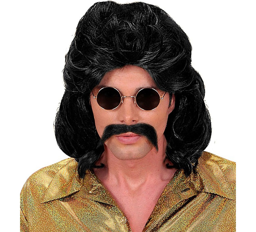 Black 70s Wig and Mustache
