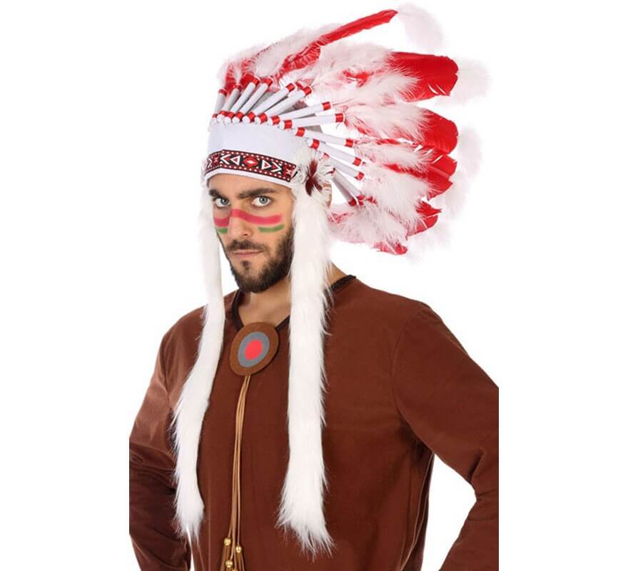 Sombrero Indio, Penacho, Tocado de plumas de color blanco con rojo