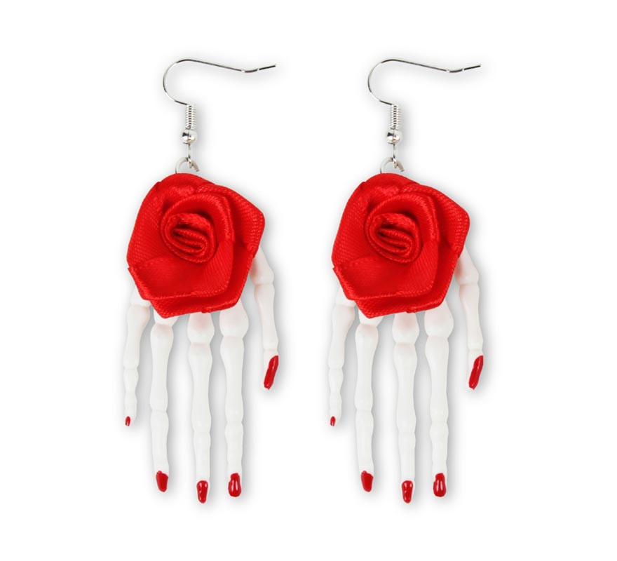 Rose earrings with skeleton hands