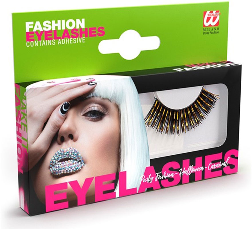 Long black and gold false eyelashes with glue