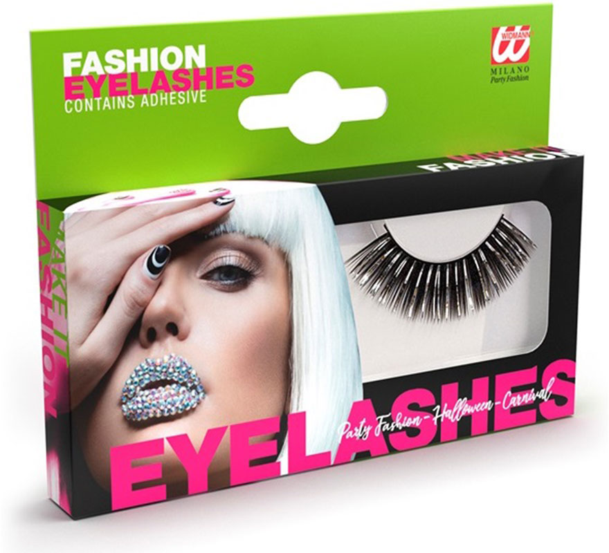 Long black and silver false eyelashes with glue
