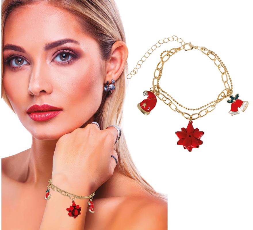 Christmas Bell, Hat and Floral Bow Bracelet