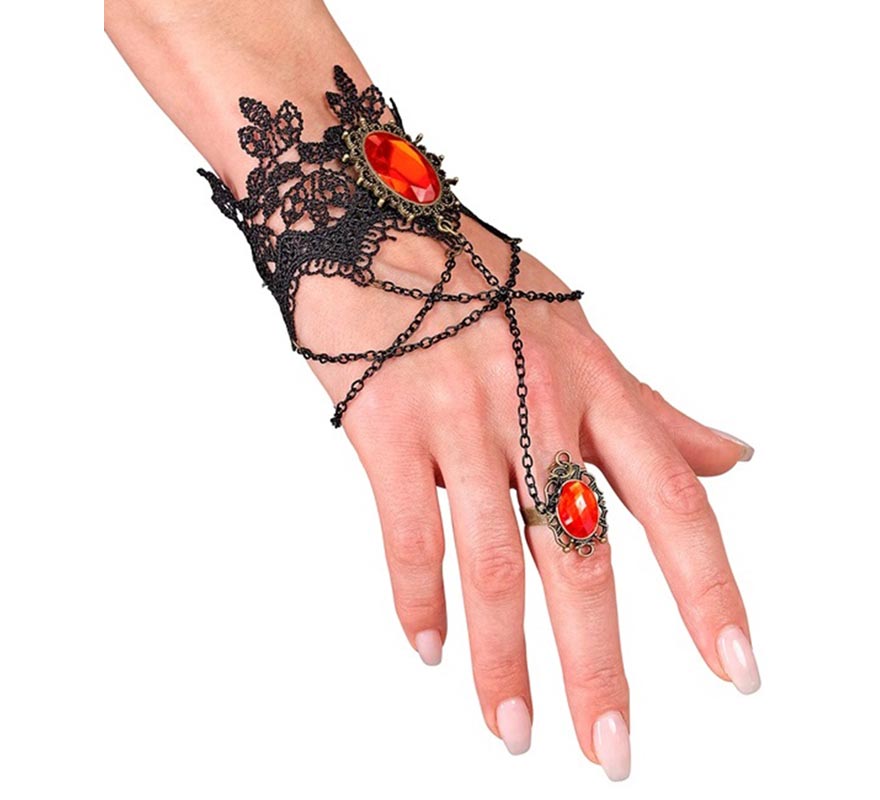 Pulsera Gótica de Encaje con Anillo y Gemas rojas