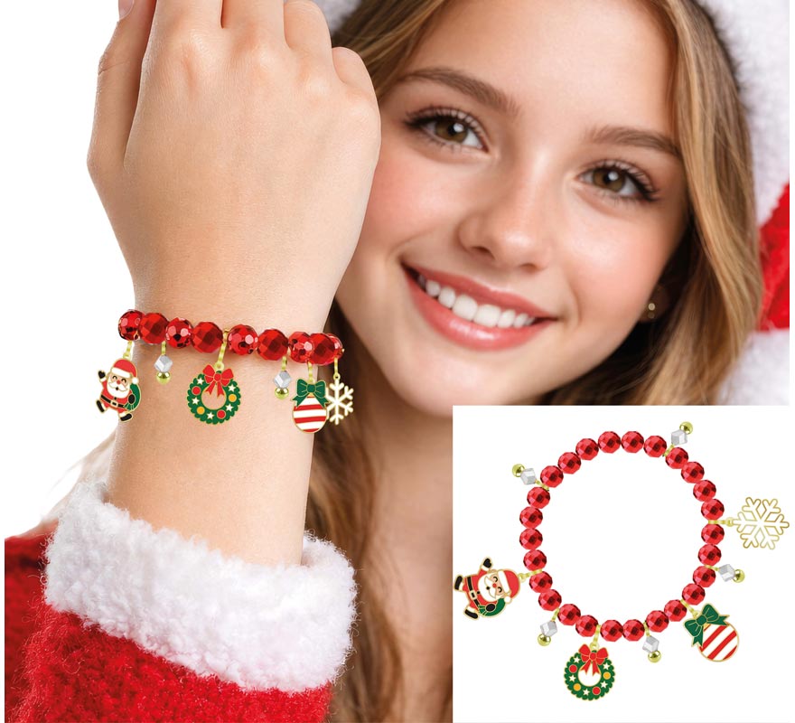 Pulsera roja con Colgantes de Reno y Árbol de Navidad