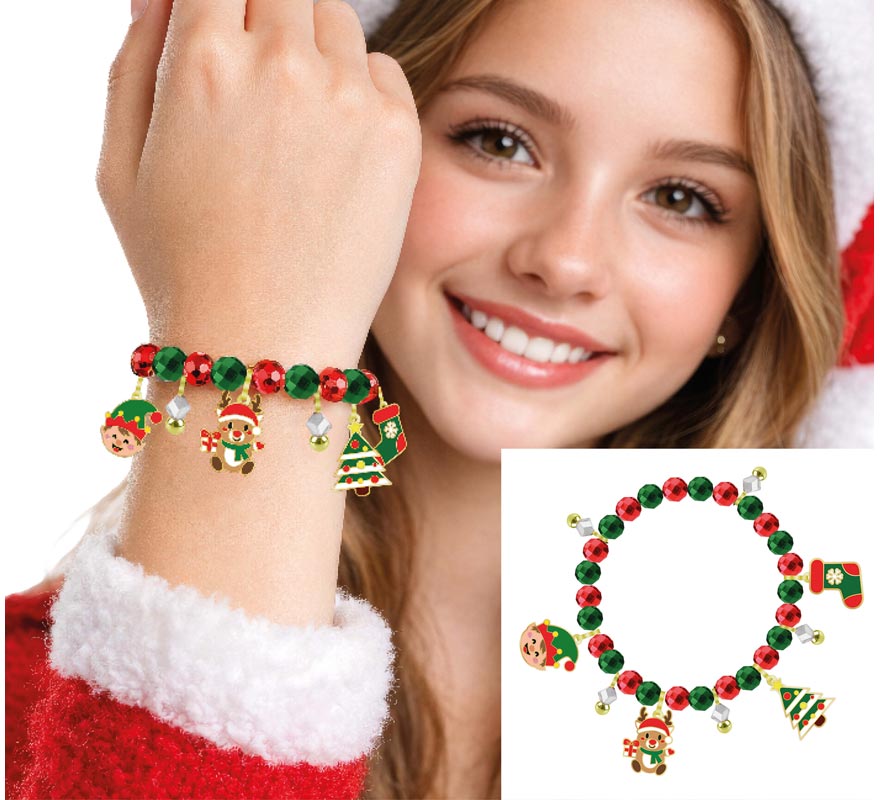 Pulsera roja y verde con Colgantes de Elfo y Muñeco de Nieve Pulsera roja y verde con Colgantes de Elfo y Muñeco de Nieve