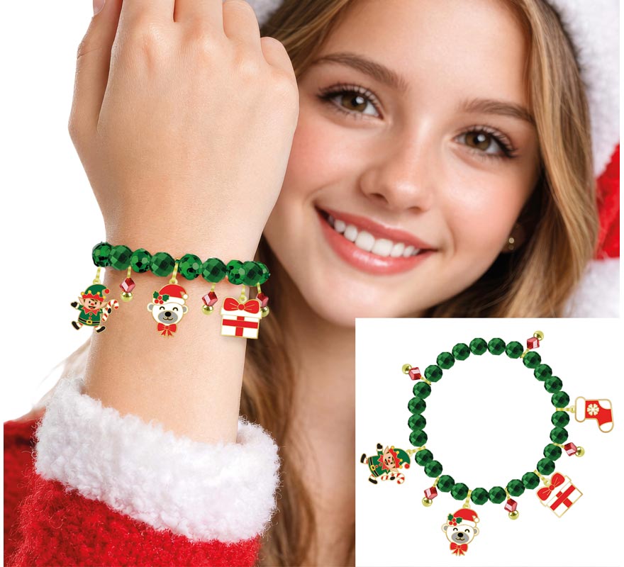 Pulsera verde con Colgantes de Papá Noel y Campana