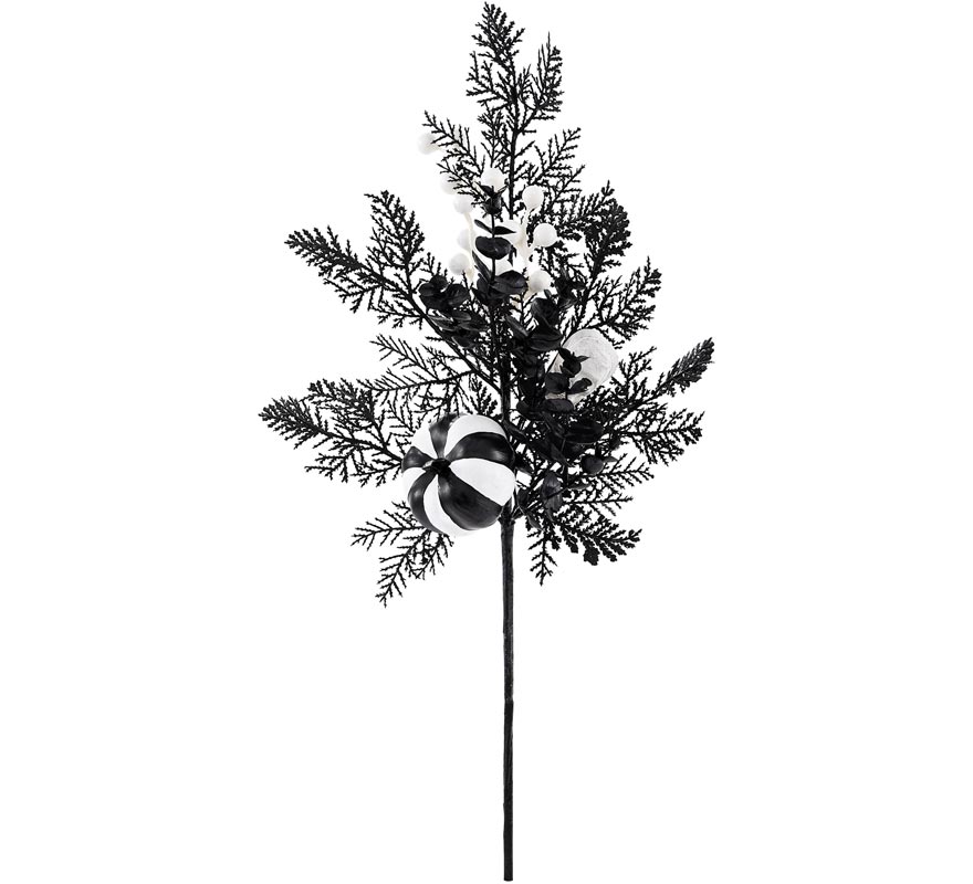 Black Artificial Cypress Branch with Skull and Pumpkin