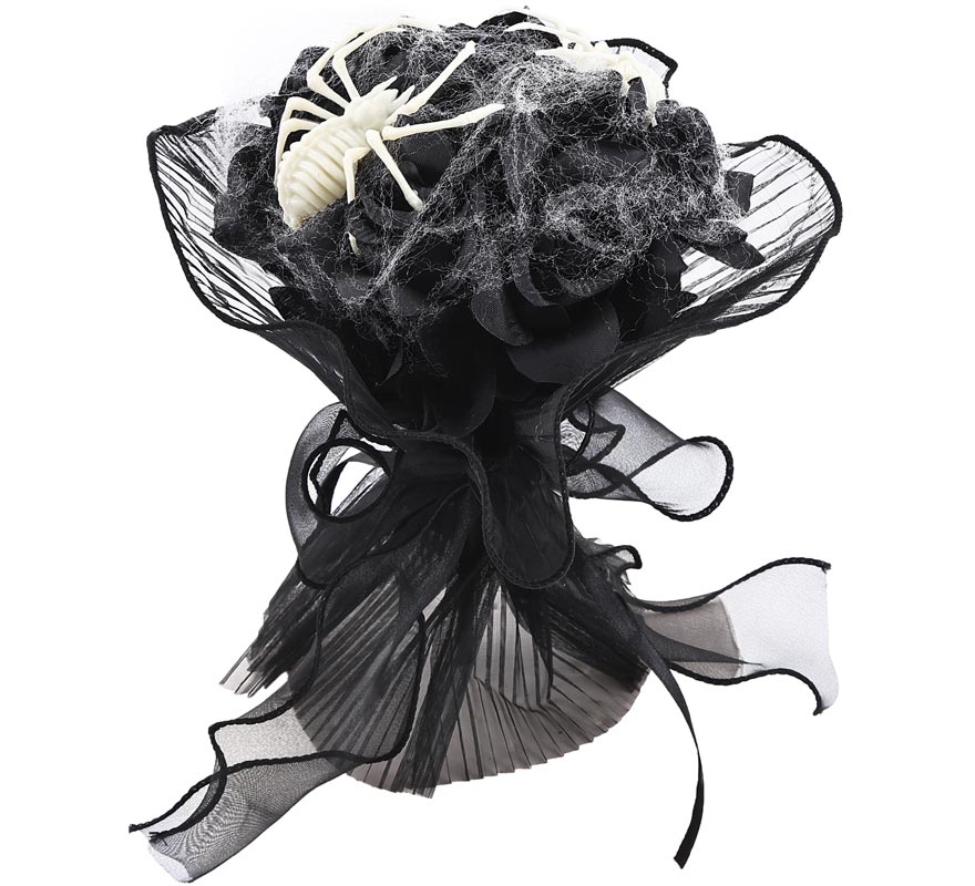 Bouquet of black roses with spiderwebs and spiders