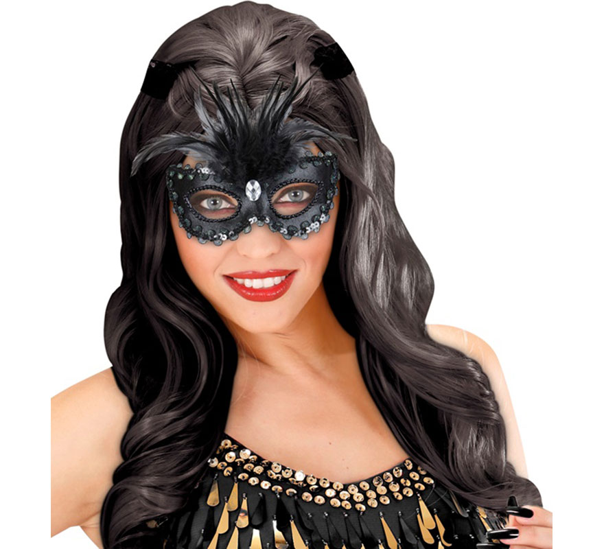 Elegant black mask with feathers-B