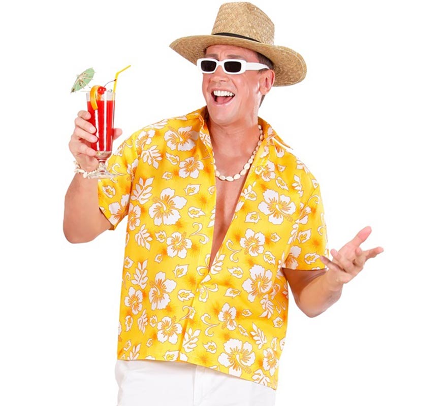 Camisa manga corta Hawaiana con Flores amarilla para hombre-B