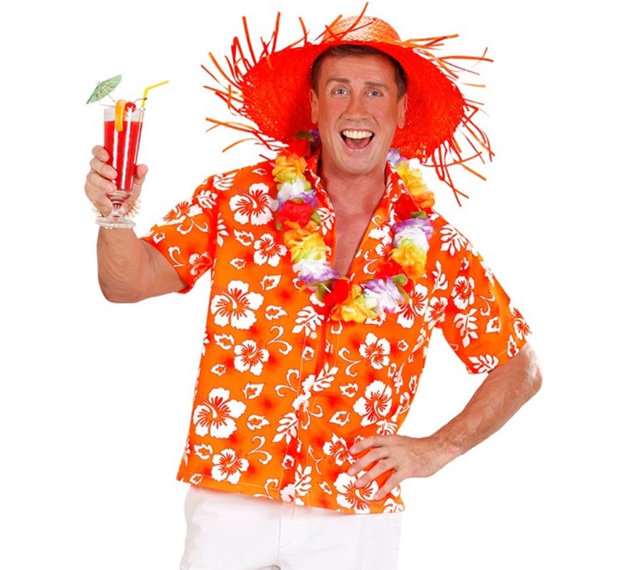 Camisa manga corta Hawaiana con Flores naranja para hombre-B