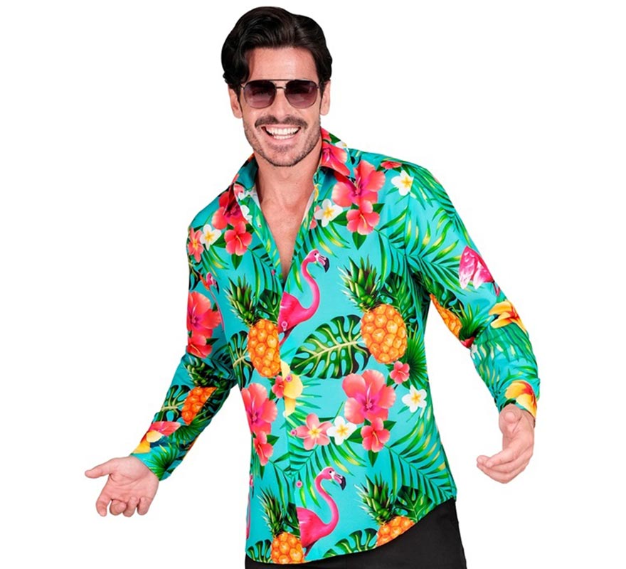 Men's Tropical Print Hawaiian Long Sleeve Shirt-B