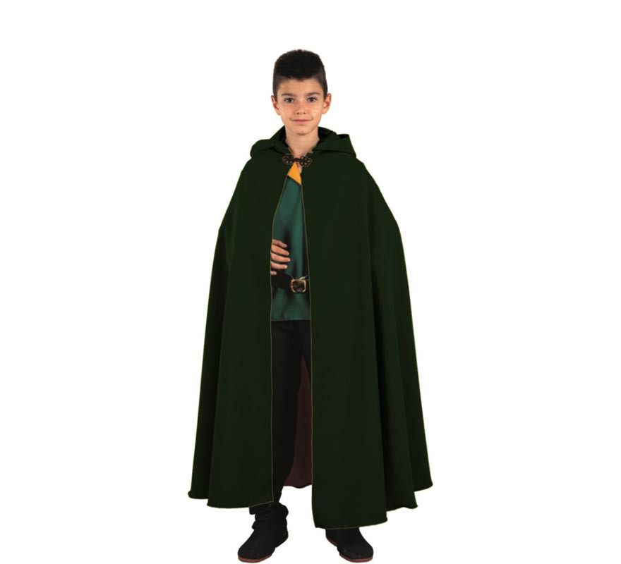 Capa longa medieval verde escura com capuz infantil-B