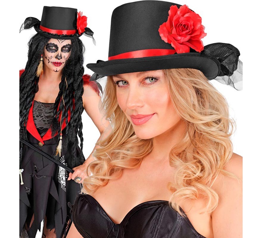 Chistera con Tul y Rosa roja-B