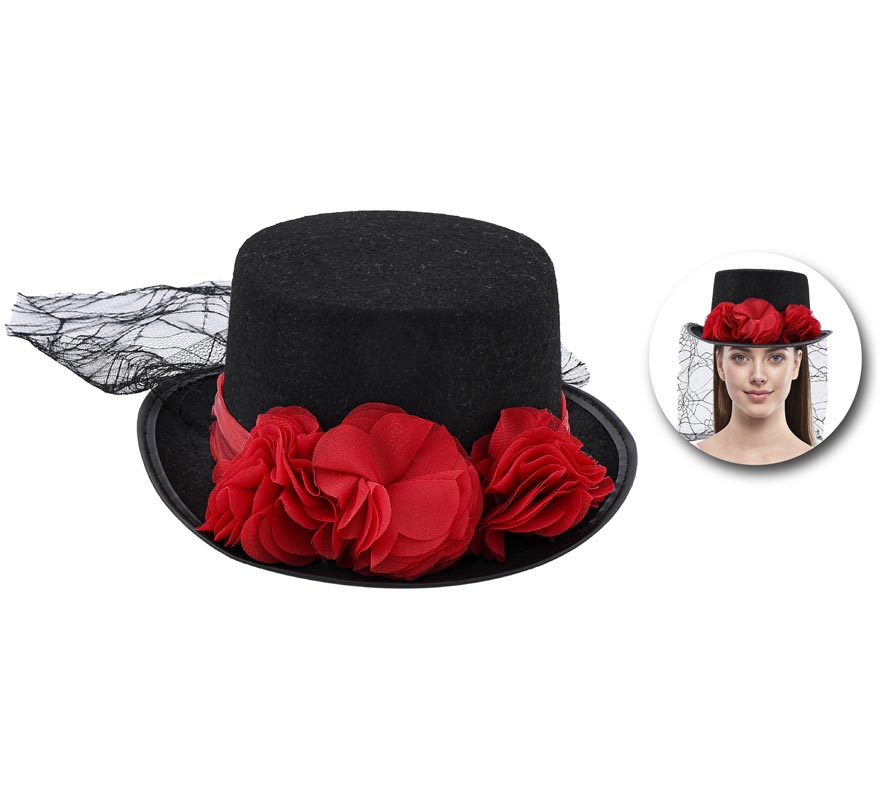 Vampire Top Hat with Roses and Veil-B