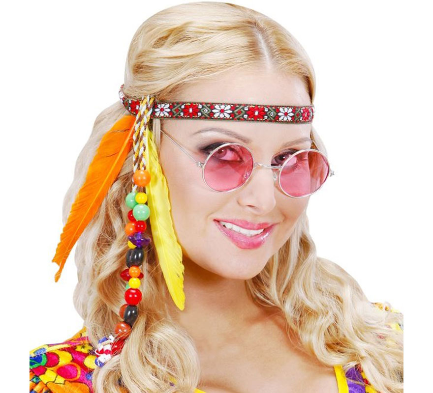Faixa de cabeça hippie com pérolas e penas-B
