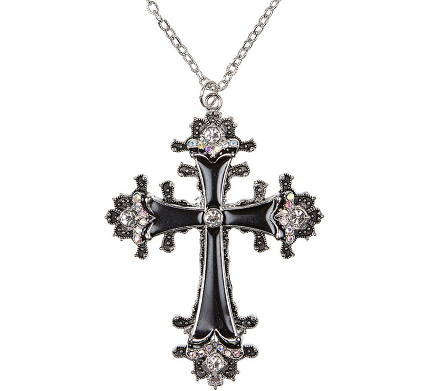 Colar com pingente de cruz preta e strass-B