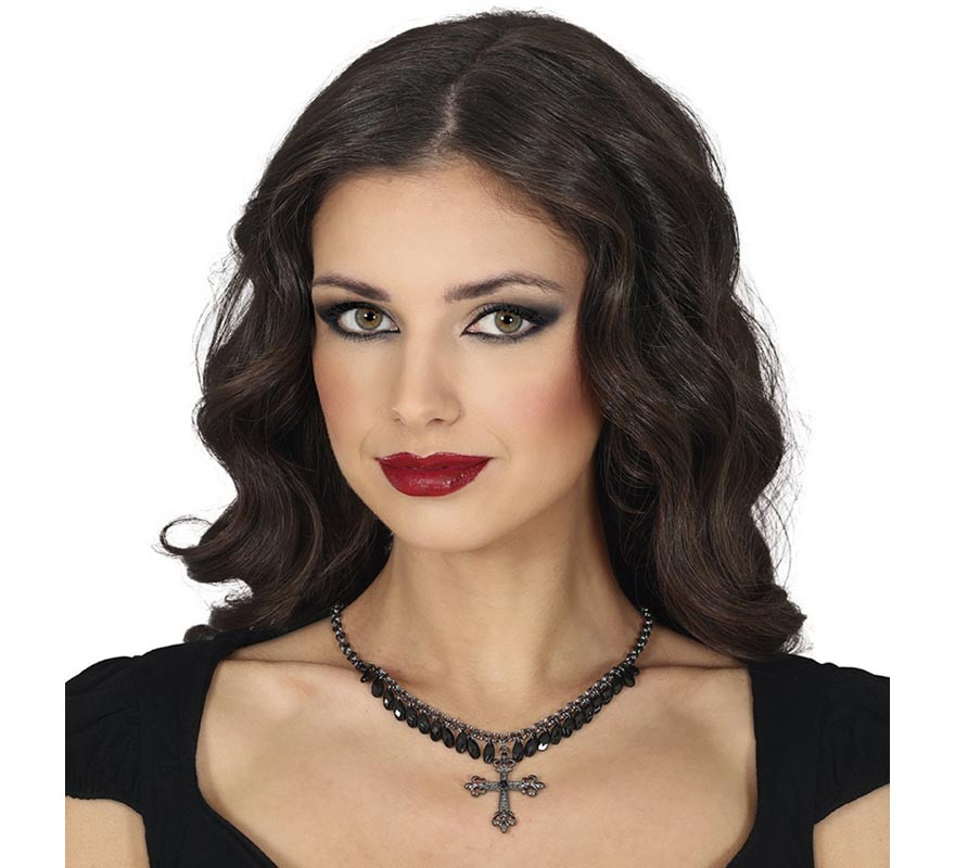 Cross Necklace with Black Stones-B