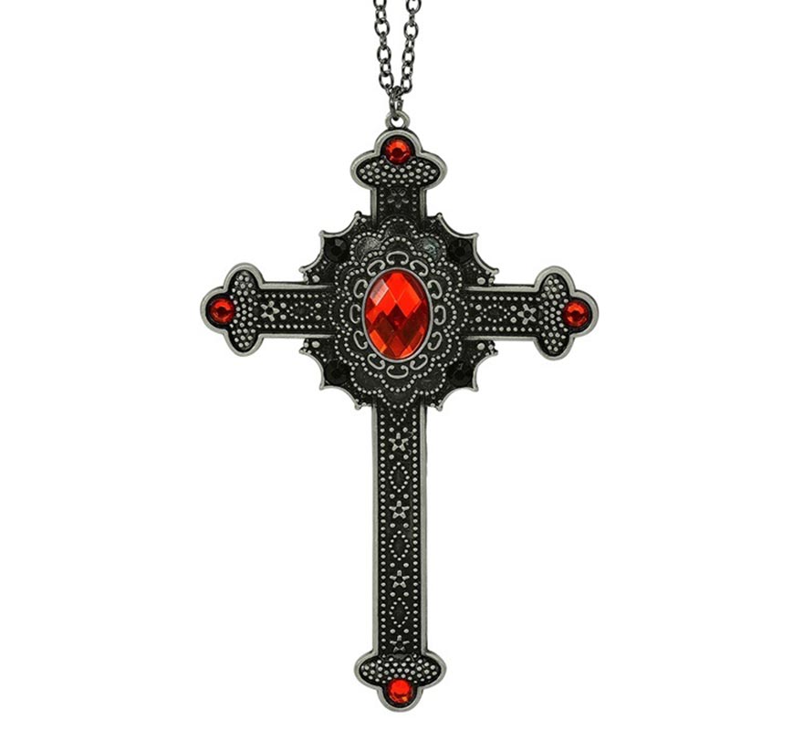 Collar Cruz Gótica con Gemas rojas-B