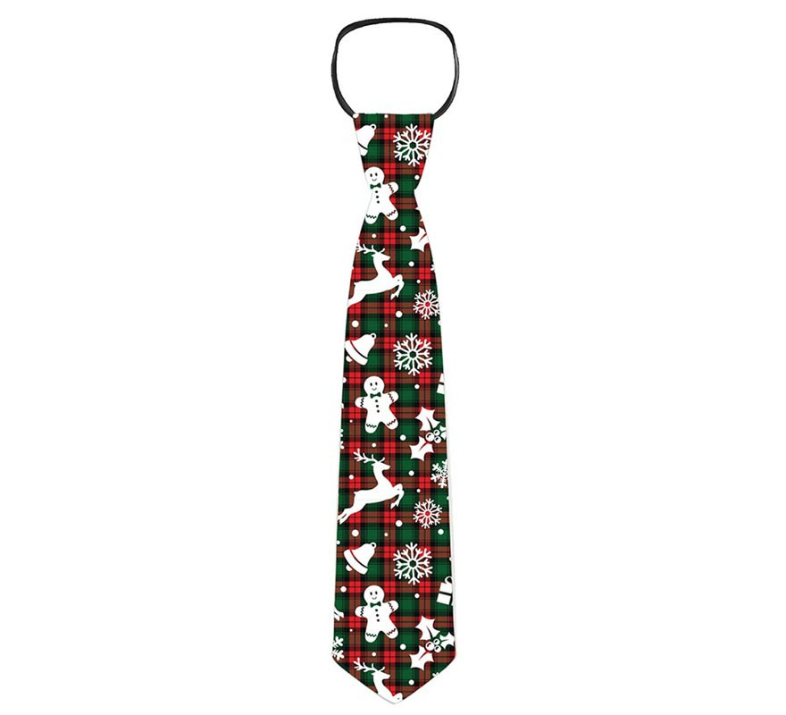 Corbata con figuras Navideñas verde y rojo a cuadros de 45 cm-B