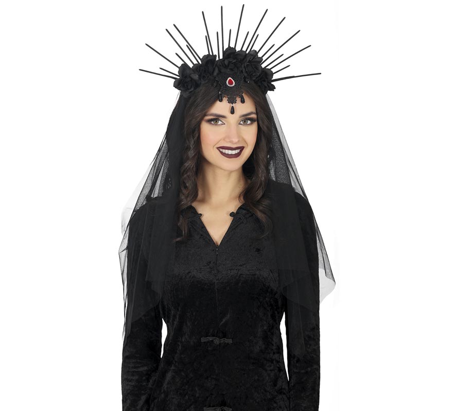 Headband with Veil and Black Flowers-B