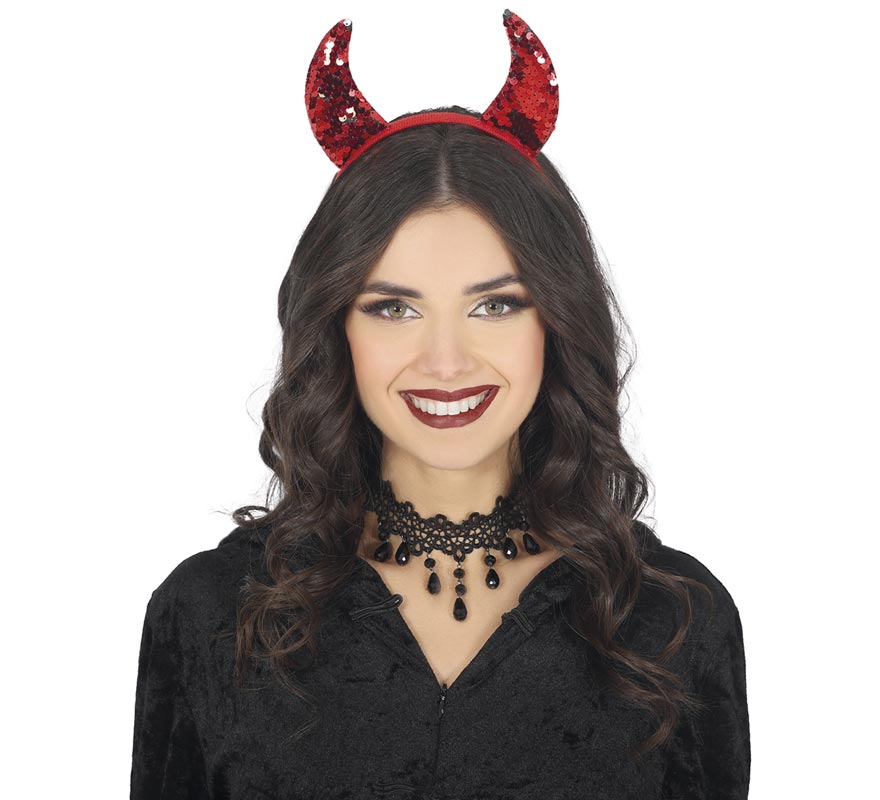 Faixa de cabeça com chifres de diabo vermelho brilhante-B