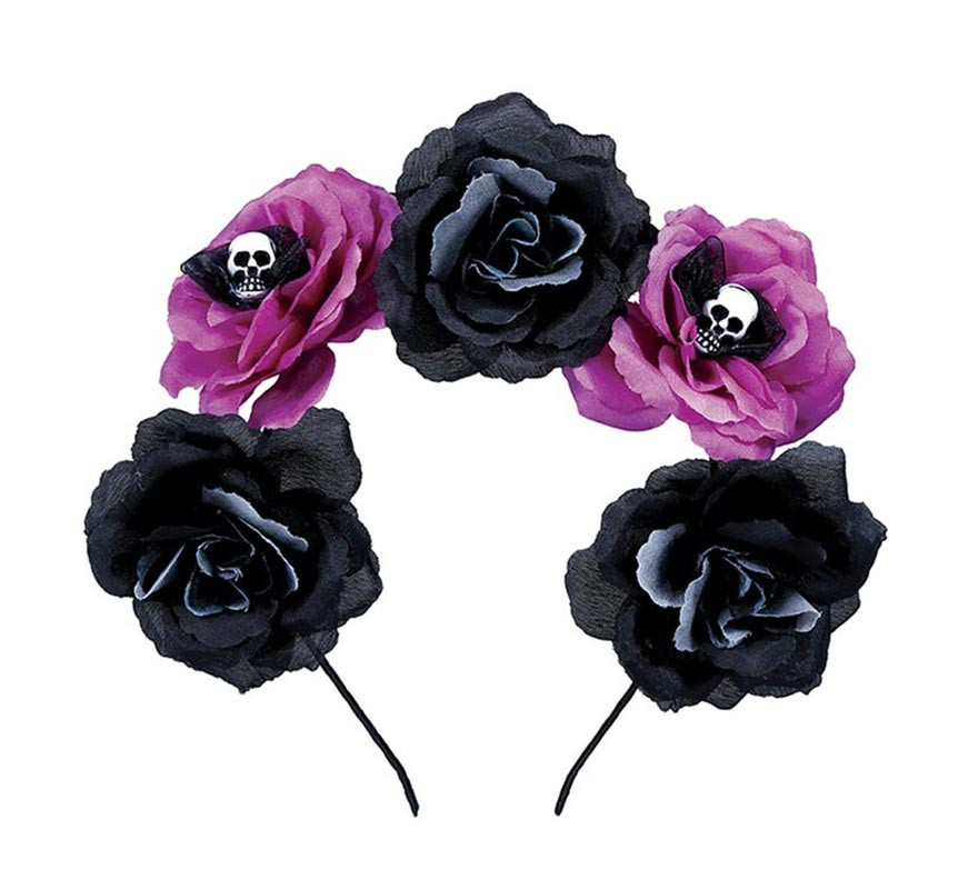 Catrina headband Black and purple flowers-B