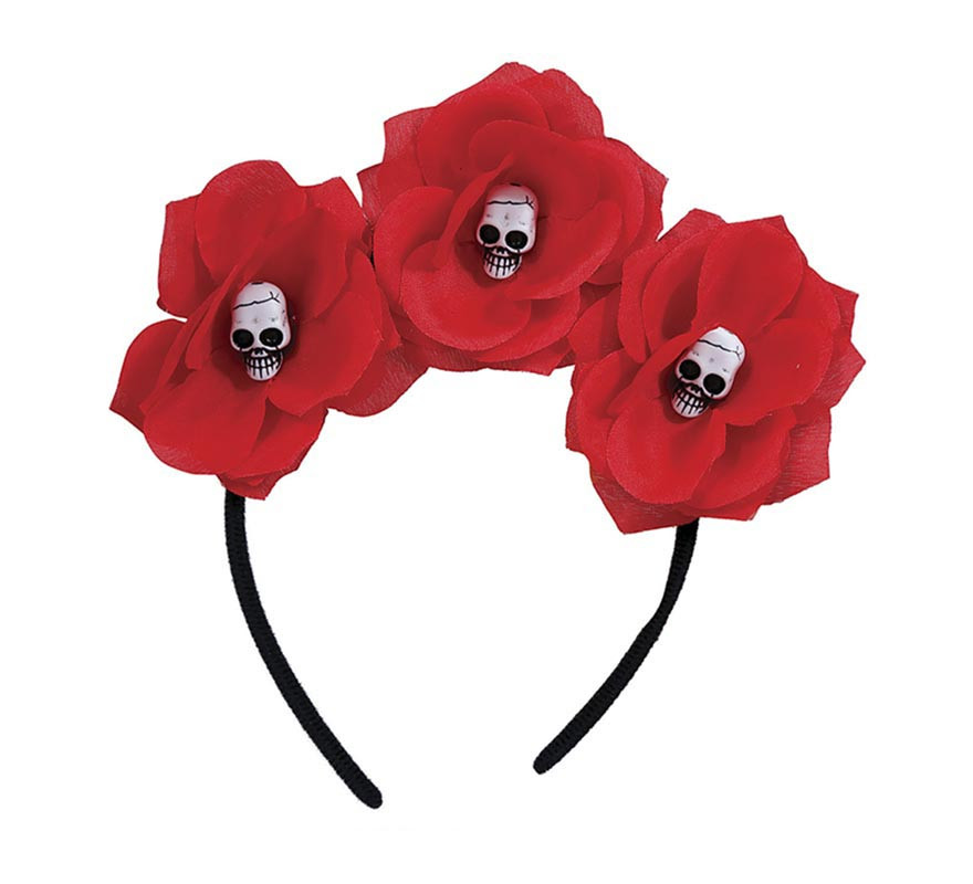 Bandeau de fleurs rouges avec têtes de mort-B