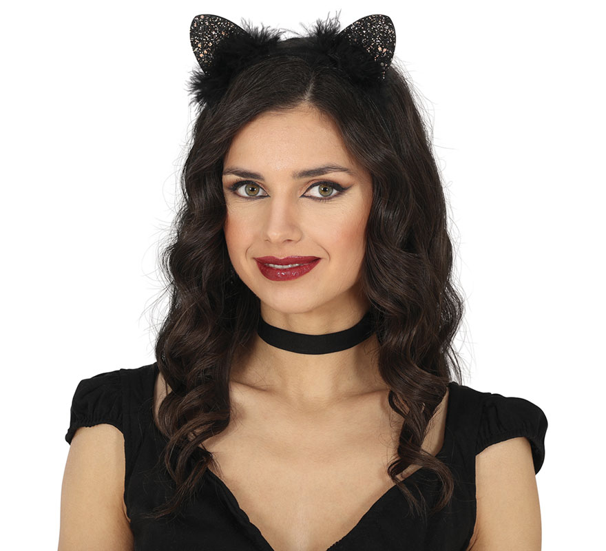 Diadema de Gatita con plumas negras adulto-B