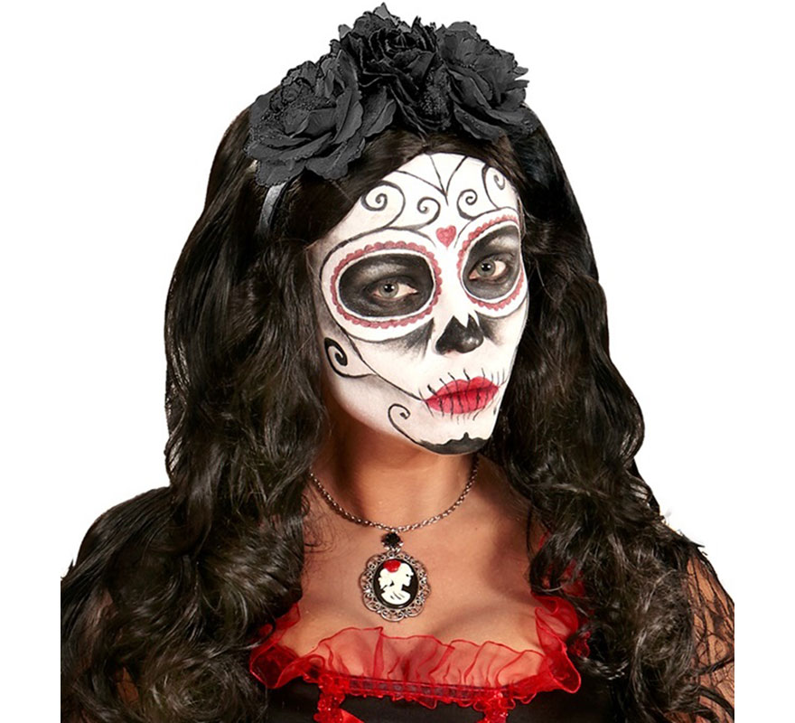 Gothic Headband with 3 Black Glitter Roses-B