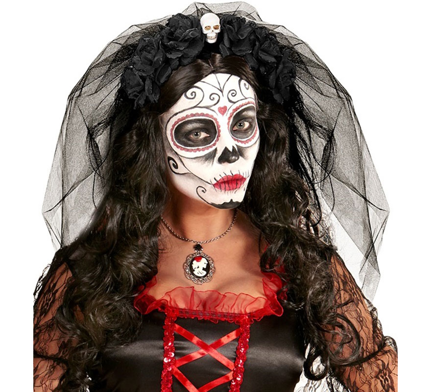 Gothic Headband with 6 Black Roses with Skull and Veil-B