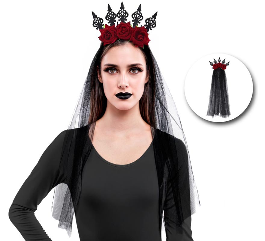 Rose Headband with Black Veil-B