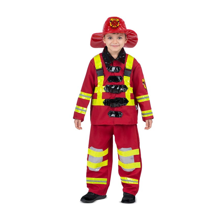 Costume da pompiere rosso e giallo con casco per bambino-B