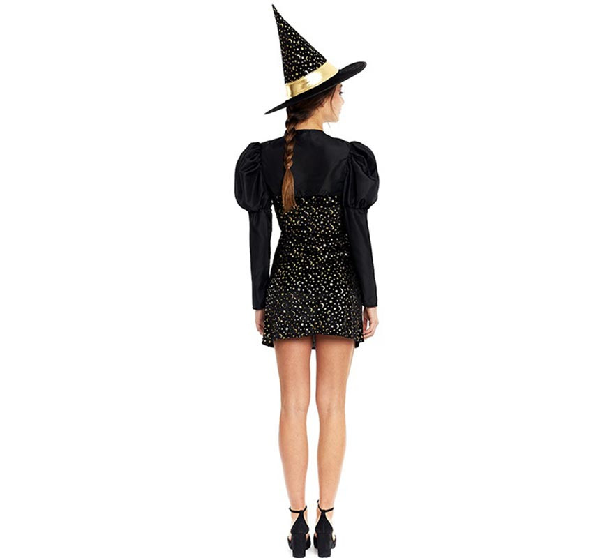 Elegant black and gold witch costume with bow for women-B