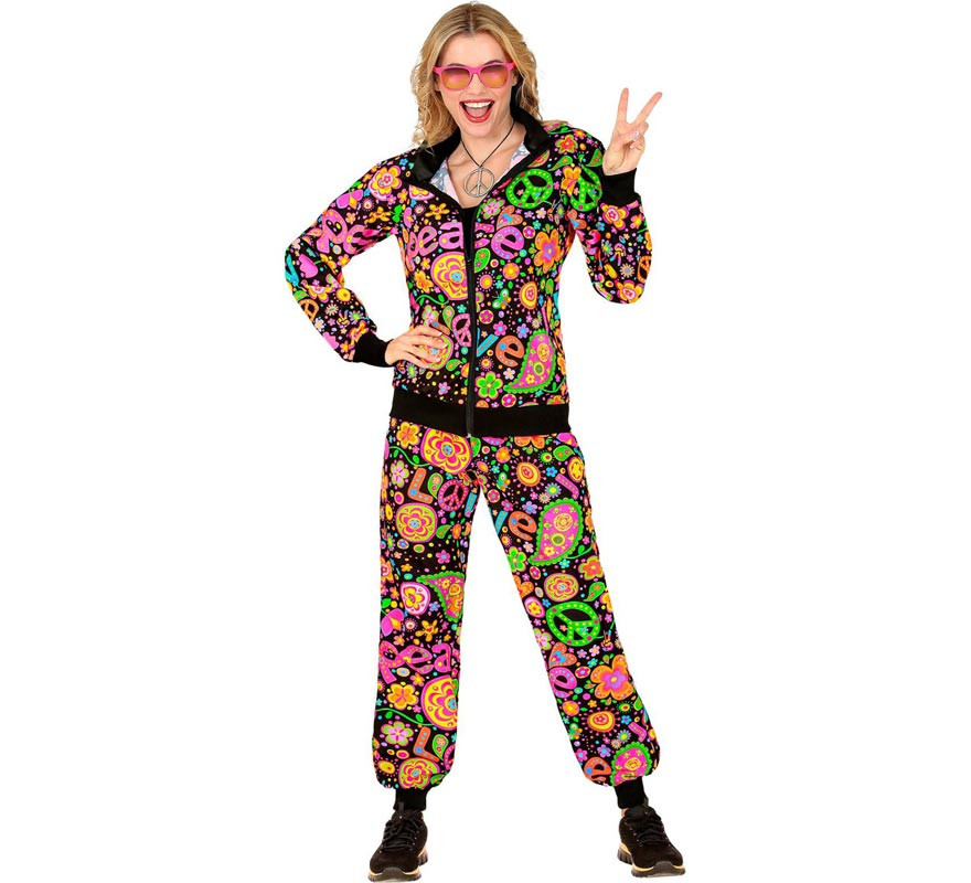 Costume da tuta da hippie Groovy Love fluorescente scuro per adulti-B