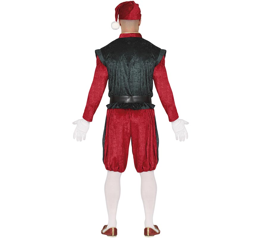 Costume da Elfo Paggio verde e rosso con cappello per uomo-B