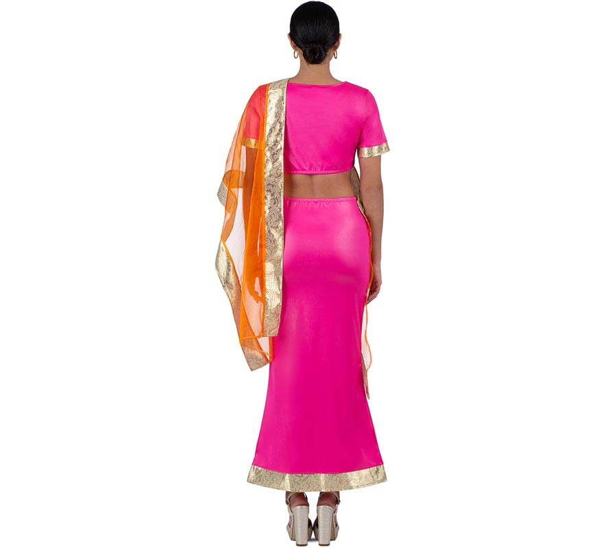 Elegante traje hindu fúcsia e laranja para mulher-B