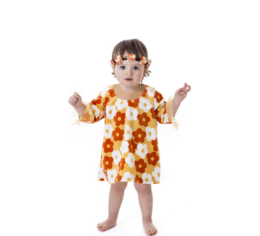 Traje hippie vestido laranja com flores para bebês-B