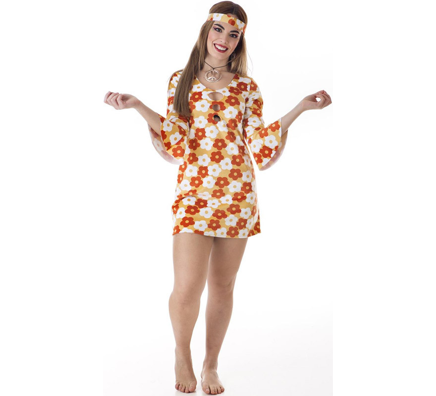 Hippie Kostüm Orange Kleid mit Blumen für Damen-B