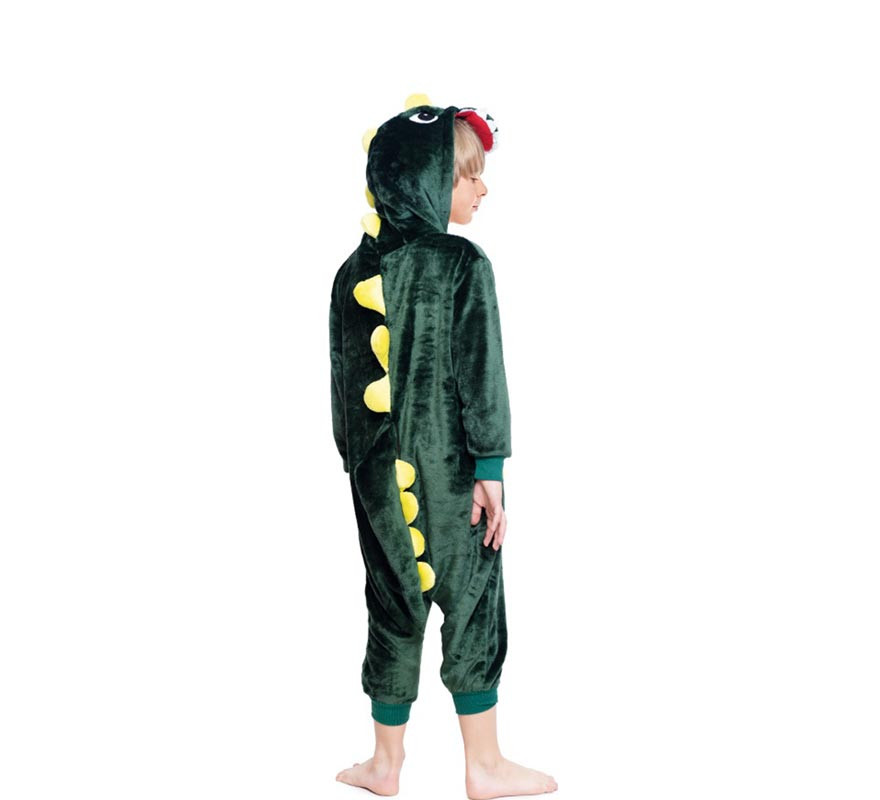 Fato de pijama de dinossauro verde e amarelo com capuz para menino-B