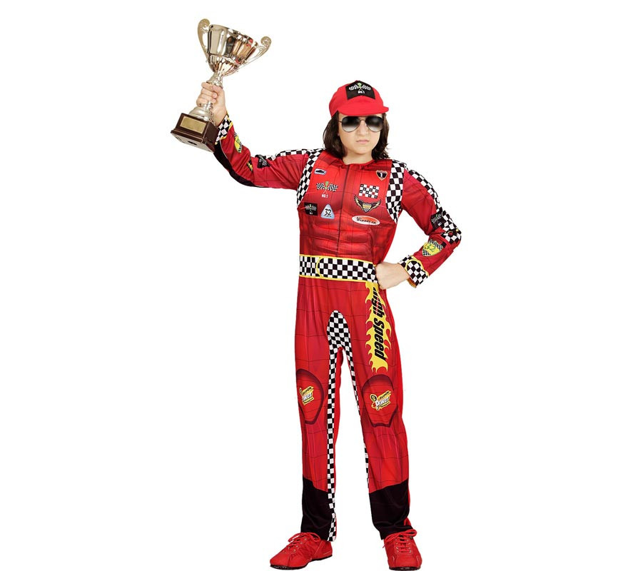 Disfraz de Piloto de Formula 1 rojo a cuadros con gorro para niño-B
