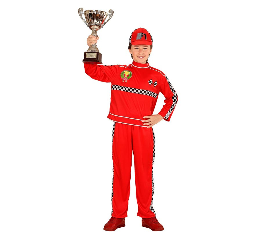 Disfraz de Piloto de Fórmula 1 rojo con gorro para niño-B