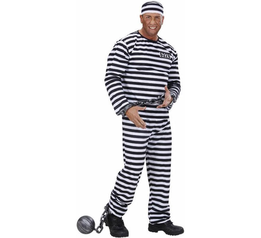 Men's Black and White Striped Prisoner Costume-B